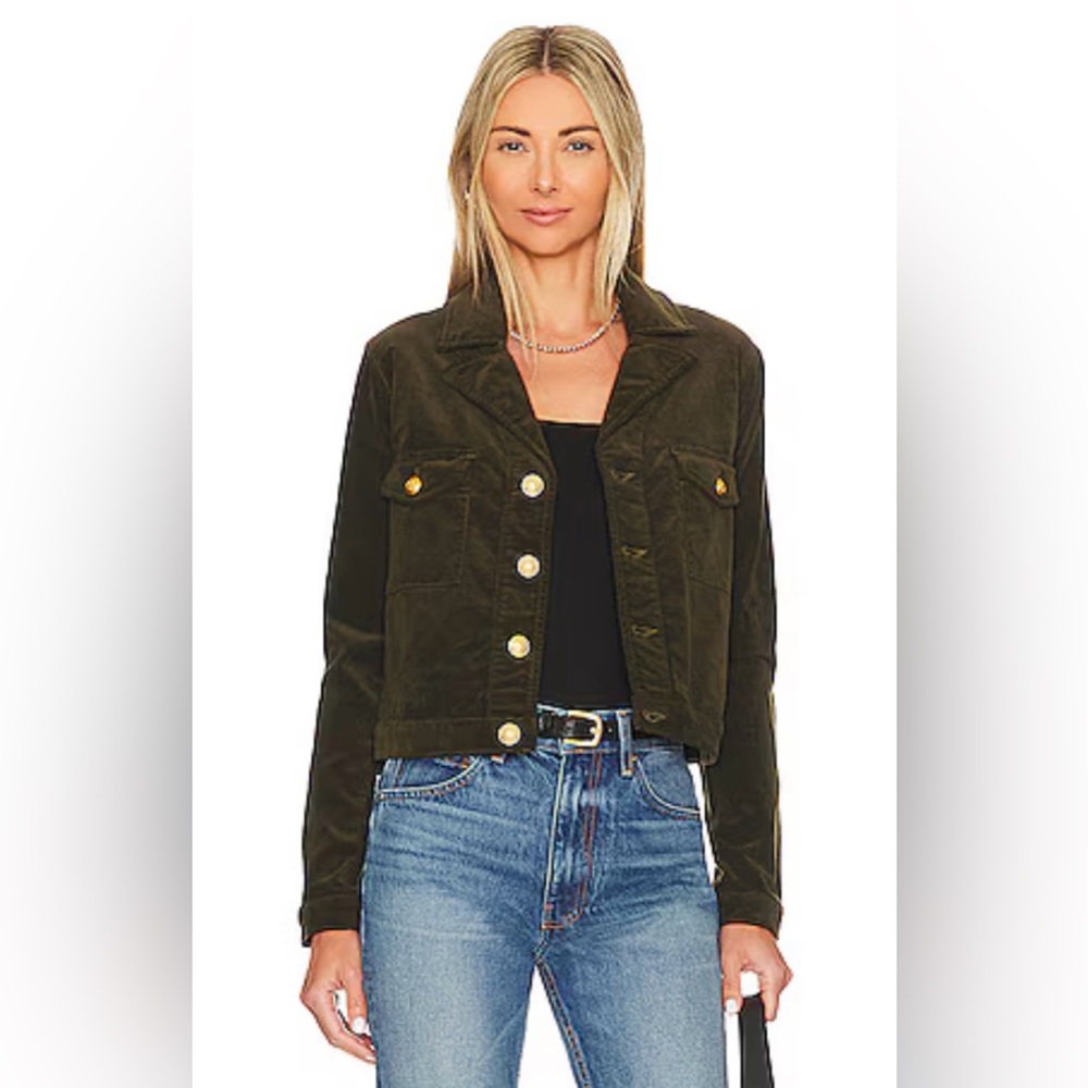 L'AGENCE Eisenhower Cotton Blend Velvet Crop Jacket Ivy Green utility coat L